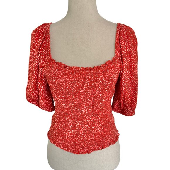 Loft Smocked Peasant Top Balloon Short Sleeves Red White Polkadots Size Large - Picture 2 of 9